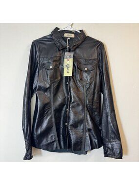 Jakett New York 100% Genuine Leather Shirt Jacket Size M Black Long Sleeve New